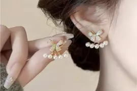 Stylish Pearl Stone Gold Plated Earrings - 2 Pcs / Free Shipping