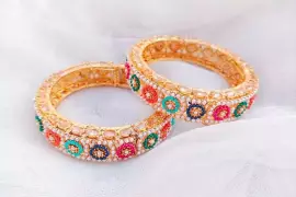Exquisite 2 Pcs Noratan Design Gold Plated Kara Bangles with Multicolored Semi Zircon Stones / Free Shipping