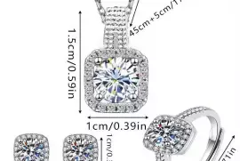 3 Pcs Silver Plated Square Design Crystal Jewelry Set for Women / Free Shipping