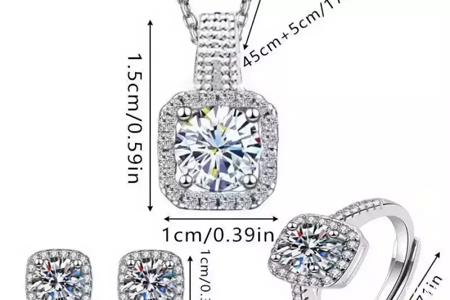 3 Pcs Silver Plated Square Design Crystal Jewelry Set for Women / Free Shipping