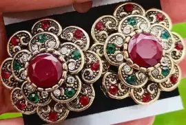 Antique Plated Crystal Flower Design Earrings - 2 Pcs / Free Shipping