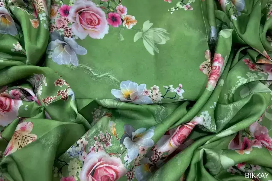 Unstitched Green Silk Shirt & Trouser Set – Elegant Digital Design, Pakistan, PKR 1,680