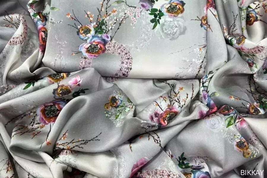 Luxury Silk 2-Piece Set – Grey Digital Print Design, Pakistan, PKR 1,680