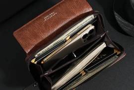 Men's Sleek Black Faux Leather Wallet - Double Layer, Zippered with Card Holder & Buckle Closure, Jhelum